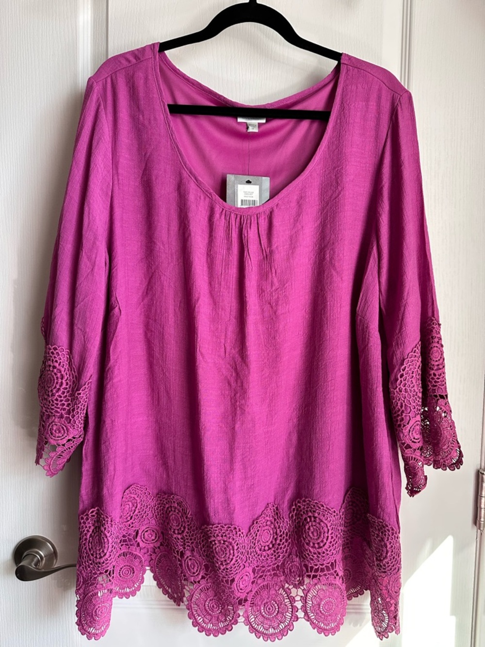 Avenue Magenta Crochet-Hem Scoop Neck Long Sleeve Top